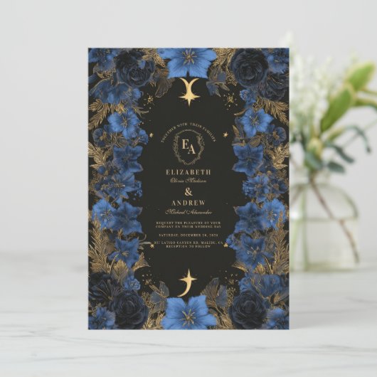 Midnight Blue & Gold Hemelse Huwelijk Kaart (Staand voorkant)