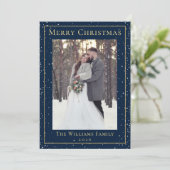 Midnight Blue Gold Kerstmis Snowfall 2 foto Feestdagenkaart (Staand voorkant)