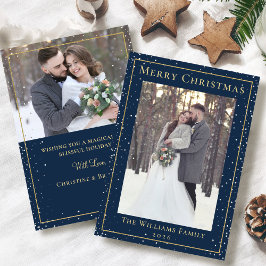Midnight Blue Gold Kerstmis Snowfall 2 foto Feestdagenkaart