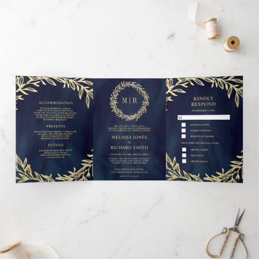 Midnight Blue Gold Leaf Branch All-in-One Weddensc Drieluik Uitnodiging (Binnen)