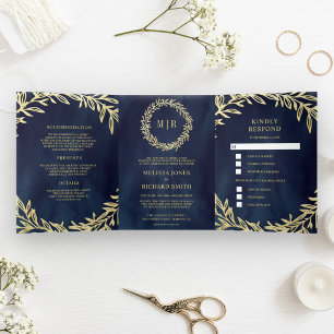 Midnight Blue Gold Leaf Branch All-in-One Weddensc Drieluik Uitnodiging