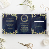 Midnight Blue Gold Leaf Branch All-in-One Weddensc Drieluik Uitnodiging