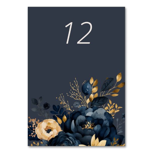 Midnight Blue Gold Luxe Floral Wedding Table Kaart (Voorkant)