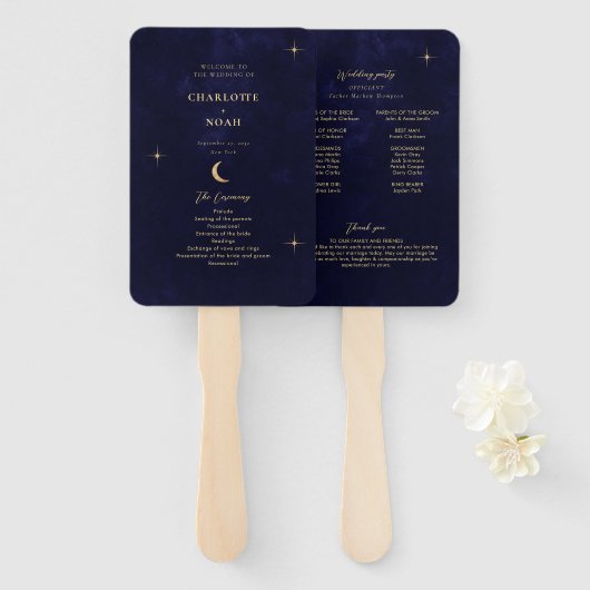 Midnight Blue Gold Moon Stars Wedding Programma Handwaaier (Voorkant en achterkant)