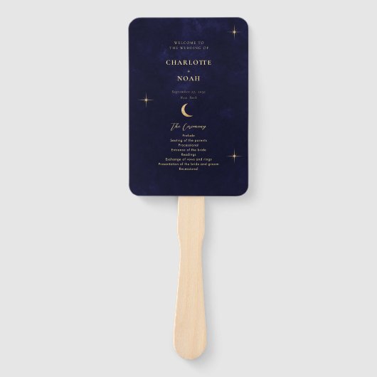 Midnight Blue Gold Moon Stars Wedding Programma Handwaaier (Voorkant)