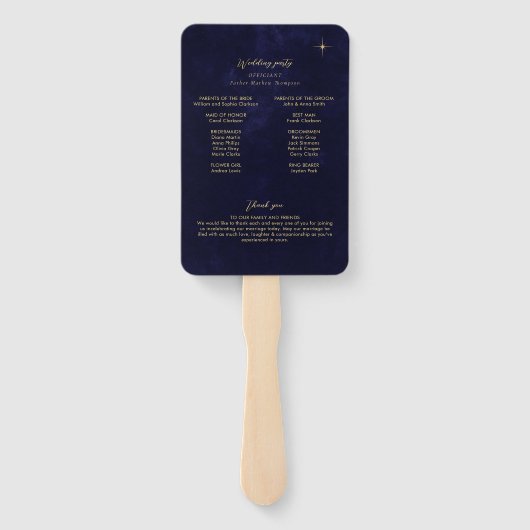 Midnight Blue Gold Moon Stars Wedding Programma Handwaaier (Achterkant)