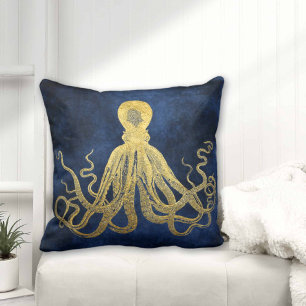 Midnight Blue Gold Octopus Coastal Retro Nautical Kussen