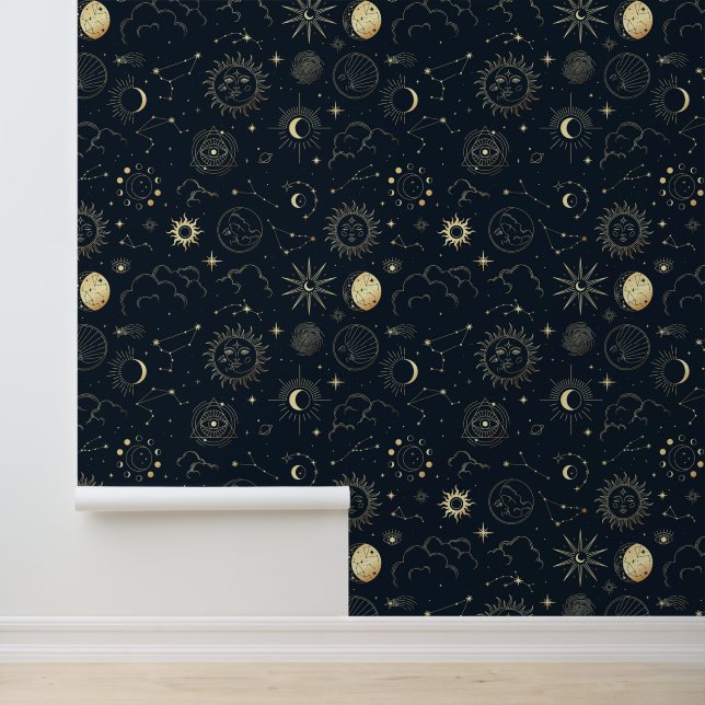 Midnight Blue Gold Star sterrenbeeld Patroon Behang (Applicatie)