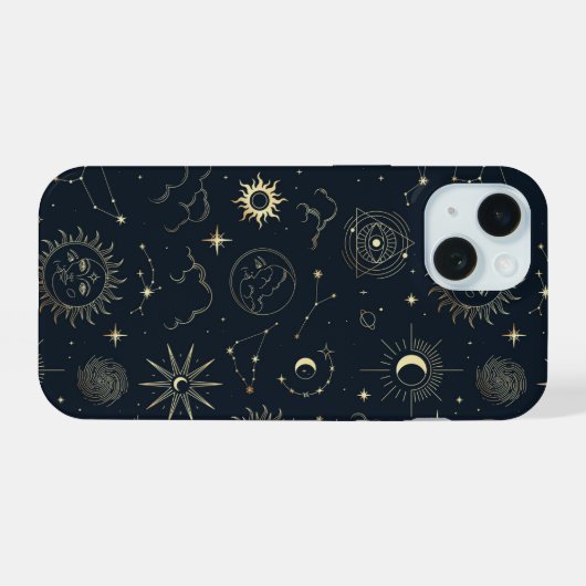 Midnight Blue Gold Star sterrenbeeld Patroon iPhone 15 Case (Achterkant horizontaal)