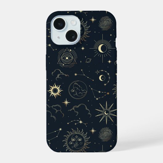Midnight Blue Gold Star sterrenbeeld Patroon iPhone 15 Case (Achterkant)