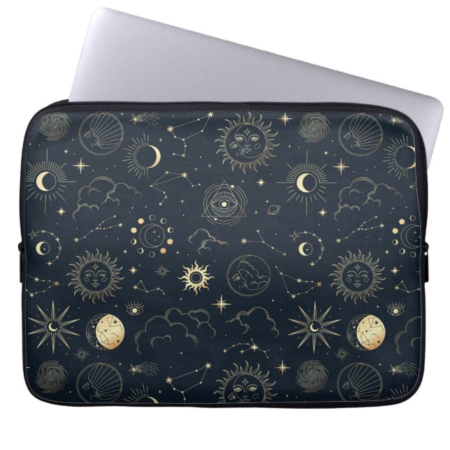Midnight Blue Gold Star sterrenbeeld Patroon Laptop Sleeve (Voorkant)