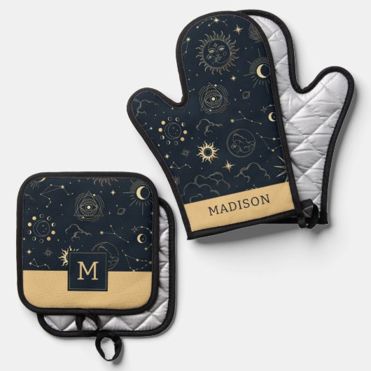 Midnight Blue Gold Star sterrenbeeld Patroon Ovenwant & Pannenlap Set (Voorkant / Achterkant)