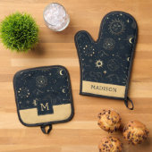 Midnight Blue Gold Star sterrenbeeld Patroon Ovenwant & Pannenlap Set (Top down)
