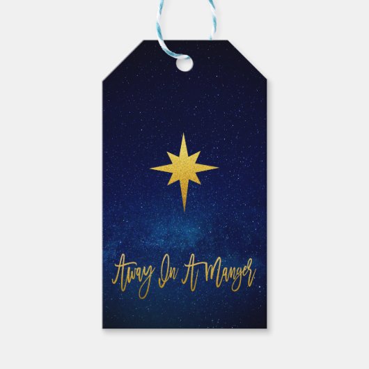 Midnight Blue Gold Star weg in een kribbe kerst Cadeaulabel (Voorkant)