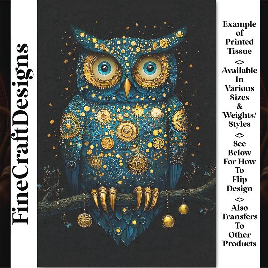 Midnight Blue & Gold Steampunk Uil BY6 Decoupage Tissuepapier