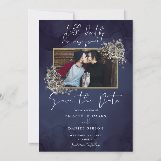 Midnight Blue Gothic Bloemen Foto Bruiloft Save The Date (Voorkant)
