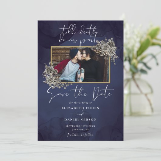 Midnight Blue Gothic Bloemen Foto Bruiloft Save The Date (Staand voorkant)
