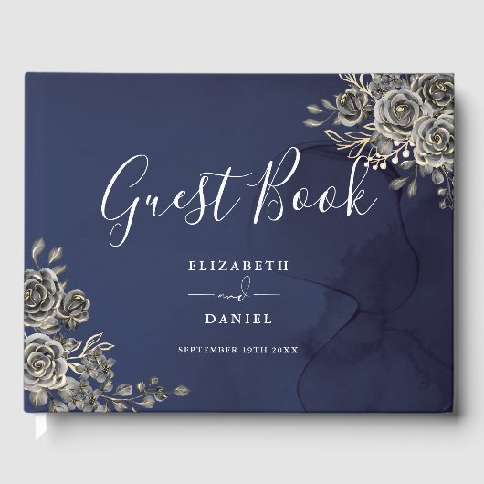Midnight Blue Gothic Bloemen Rozen Bruiloft Gastenboek (Voorkant)