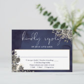 Midnight Blue Gothic Bloemen Rozen Bruiloft RSVP Kaartje (Staand voorkant)