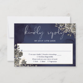Midnight Blue Gothic Bloemen Rozen Bruiloft RSVP Kaartje