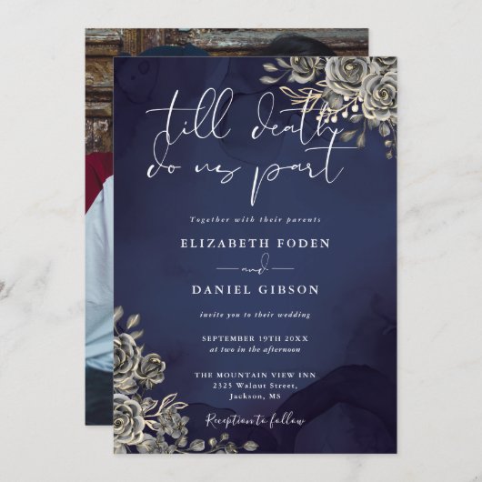 Midnight Blue Gothic Rozen Bloemen Foto Bruiloft Kaart (Voorkant / Achterkant)