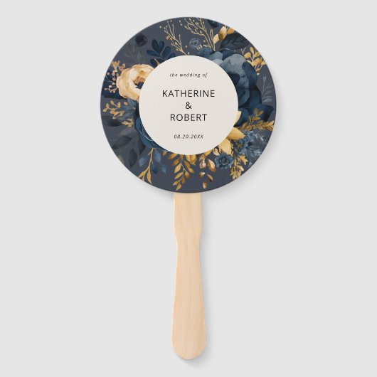 Midnight Blue Goud Bloemen Trouwprogramma Hand Fan Handwaaier (Voorkant)