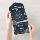 Midnight Blue Goud Hemelse bruiloft All In One Uitnodiging (Afscheurbaar)