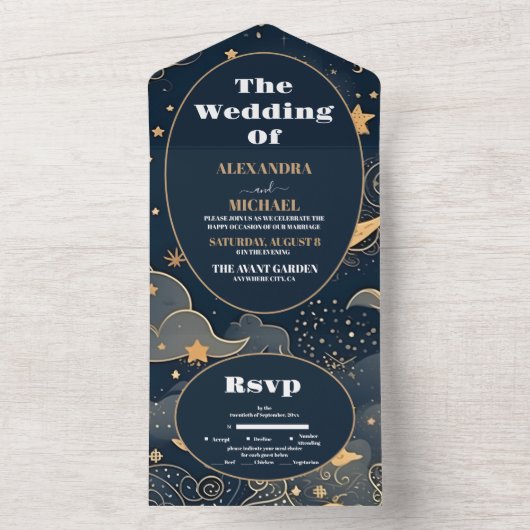 Midnight Blue Goud Hemelse bruiloft All In One Uitnodiging (Binnen)