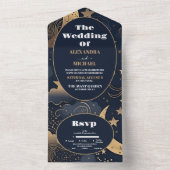 Midnight Blue Goud Hemelse bruiloft All In One Uitnodiging (Binnen)