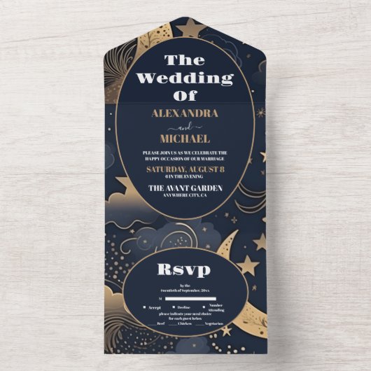 Midnight Blue Goud Hemelse bruiloft All In One Uitnodiging (Binnen)