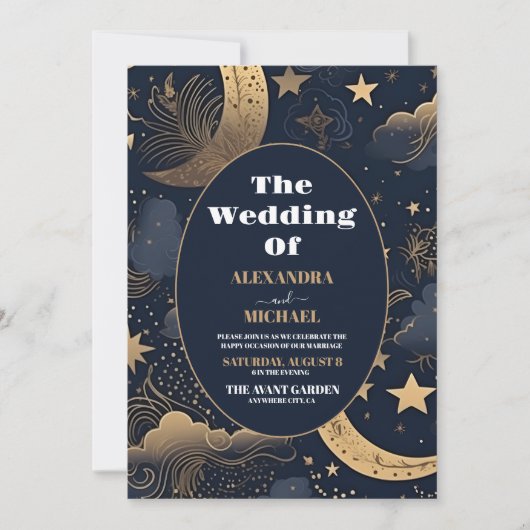 Midnight Blue Goud Hemelse bruiloft Kaart (Voorkant)