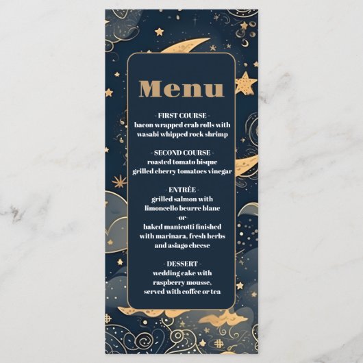 Midnight Blue Goud Hemelse bruiloft Menu (Voorkant)