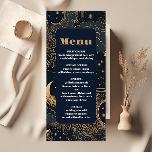 Midnight Blue Goud Hemelse bruiloft Menu