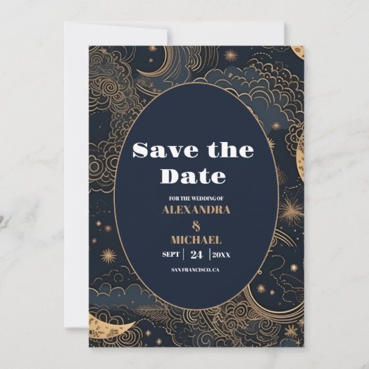 Midnight Blue Goud Hemelse bruiloft Save The Date (Voorkant)