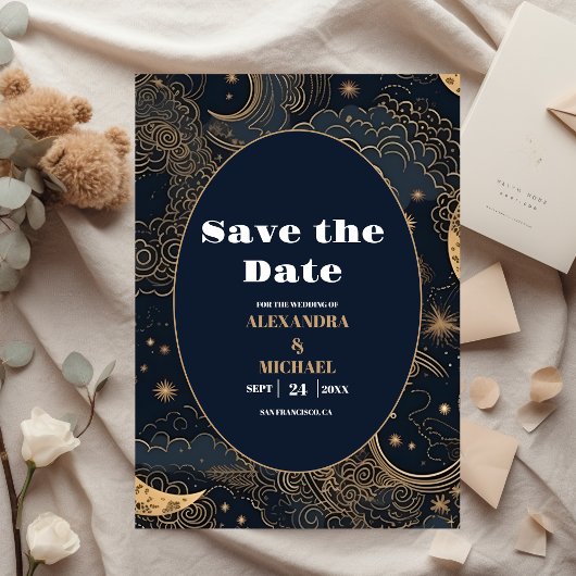 Midnight Blue Goud Hemelse bruiloft Save The Date