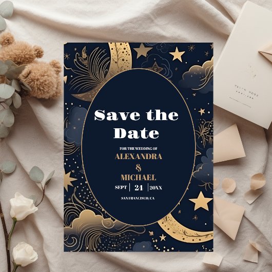 Midnight Blue Goud Hemelse bruiloft Save The Date