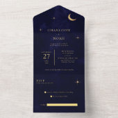 Midnight Blue Hemelse Gouden Maan Sterren Wedding All In One Uitnodiging (Binnen)