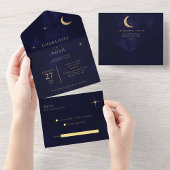 Midnight Blue Hemelse Gouden Maan Sterren Wedding All In One Uitnodiging