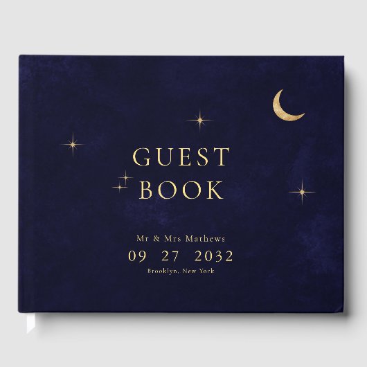 Midnight Blue Hemelse Gouden Maan Sterren Wedding Gastenboek (Voorkant)