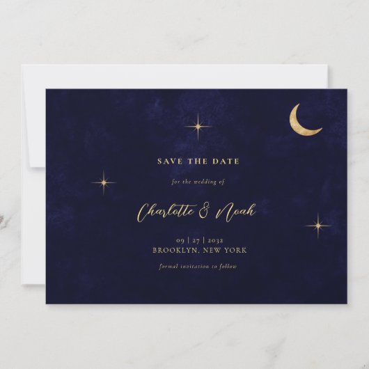 Midnight Blue Hemelse Gouden Maan Sterren Wedding Save The Date (Voorkant)