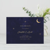Midnight Blue Hemelse Gouden Maan Sterren Wedding Save The Date (Staand voorkant)