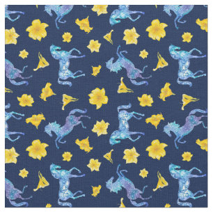 Midnight Blue Horses and Yellow Lilies Stof
