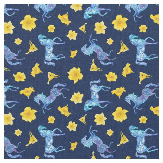 Midnight Blue Horses and Yellow Lilies Stof (Close Up)