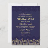 Midnight Blue Islamitische Patroon Wedding Monogra Kaart (Voorkant)