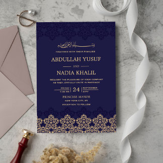 Midnight Blue Islamitische Patroon Wedding Monogra Kaart
