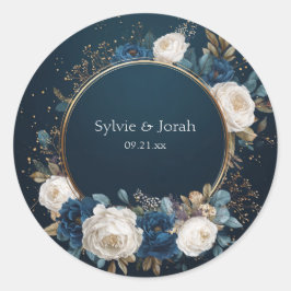 Midnight Blue & Ivoor Roos Bloemen bruiloft Sticke Ronde Sticker