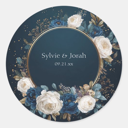 Midnight Blue & Ivoor Roos Bloemen bruiloft Sticke Ronde Sticker (Voorkant)