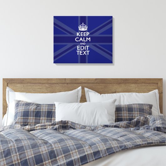 Midnight Blue Keep Calm en Jouw tekst Union Jack Canvas Afdruk (Insitu (Slaapkamer))