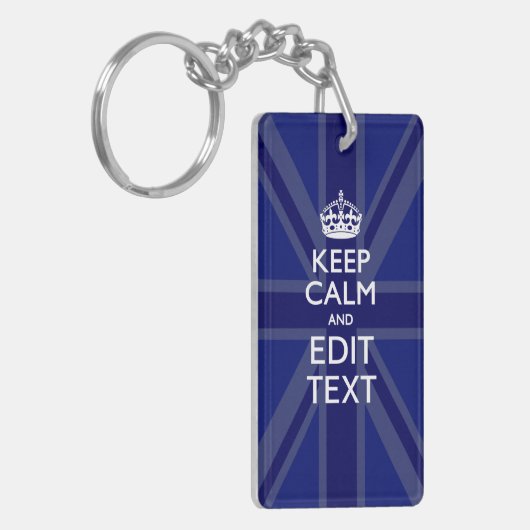 Midnight Blue Keep Calm en Jouw tekst Union Jack Sleutelhanger (Voorkant Links)