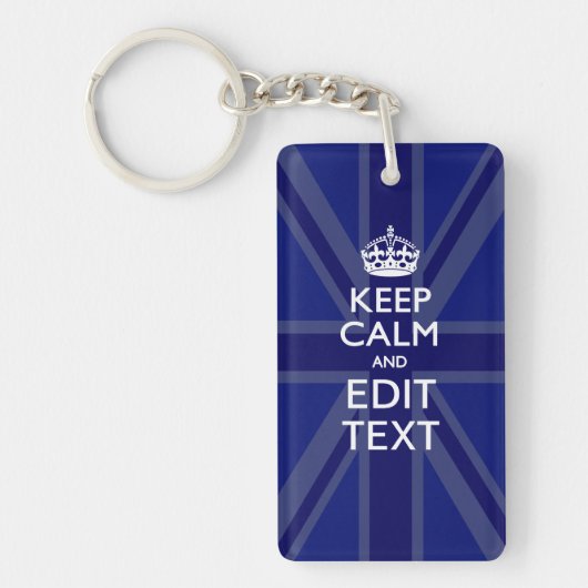 Midnight Blue Keep Calm en Jouw tekst Union Jack Sleutelhanger (Voorkant)